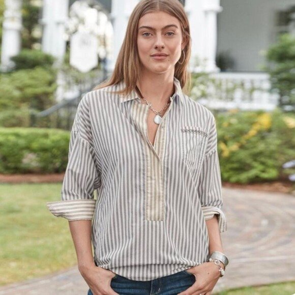Sundance Shelby Stripe Button Front Blouse Top Embroidery Pocket Tan/Blue L - Picture 1 of 9